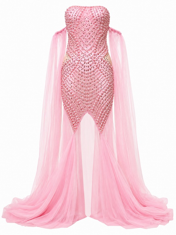 【新品DRESS 2033】総パールビジューオフショルロングテールマーメイドロングドレス ピンク